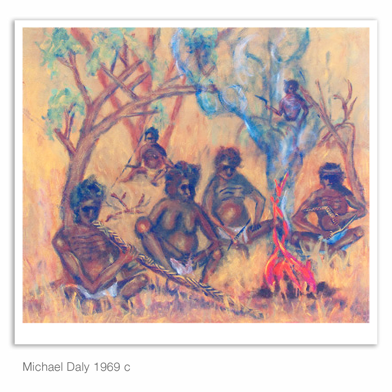 Aboriginals by Fireplace, Michael Daly Artist, Australia about 1969. 35x40 cm. Acrylic on masonite board. Outback 1960s, Young Toowoomba Artist.