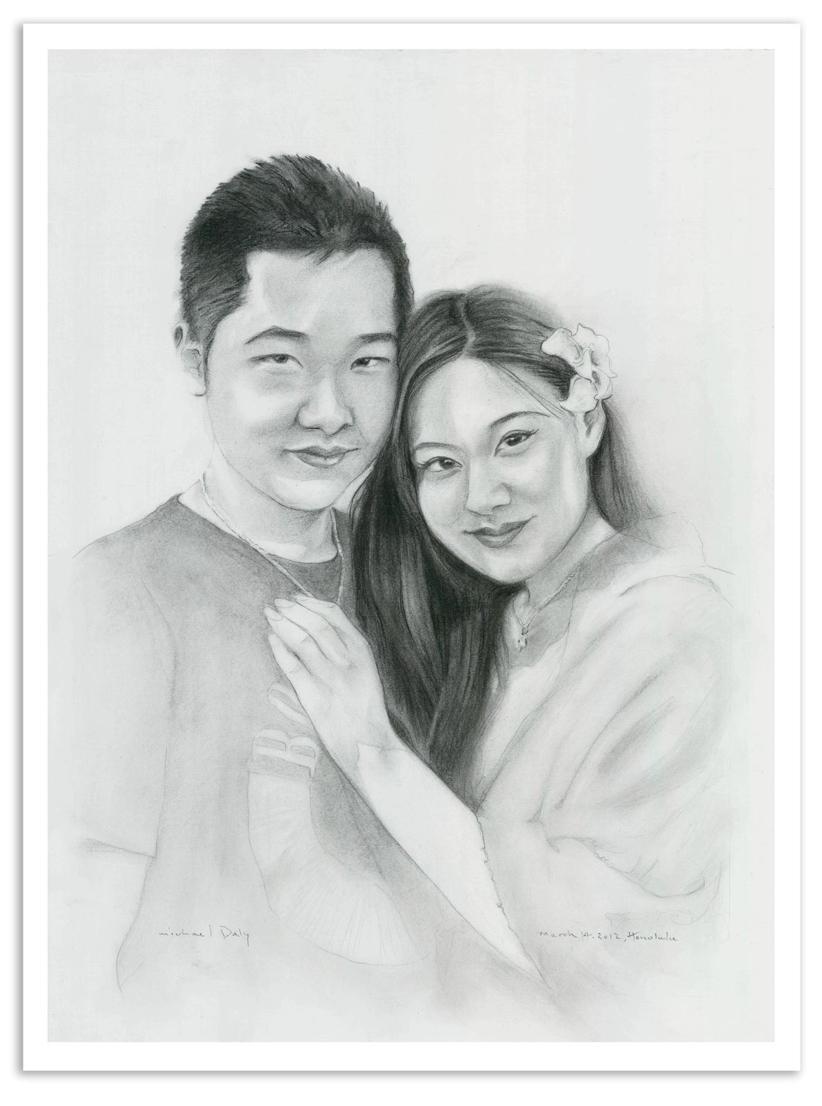 Tan and Mina, Chinese Couple Art Portrait by Michael Daly Artist in Waikiki Honolulu Hawaii. Charcoal on paper, 2012, 23.5 x17"